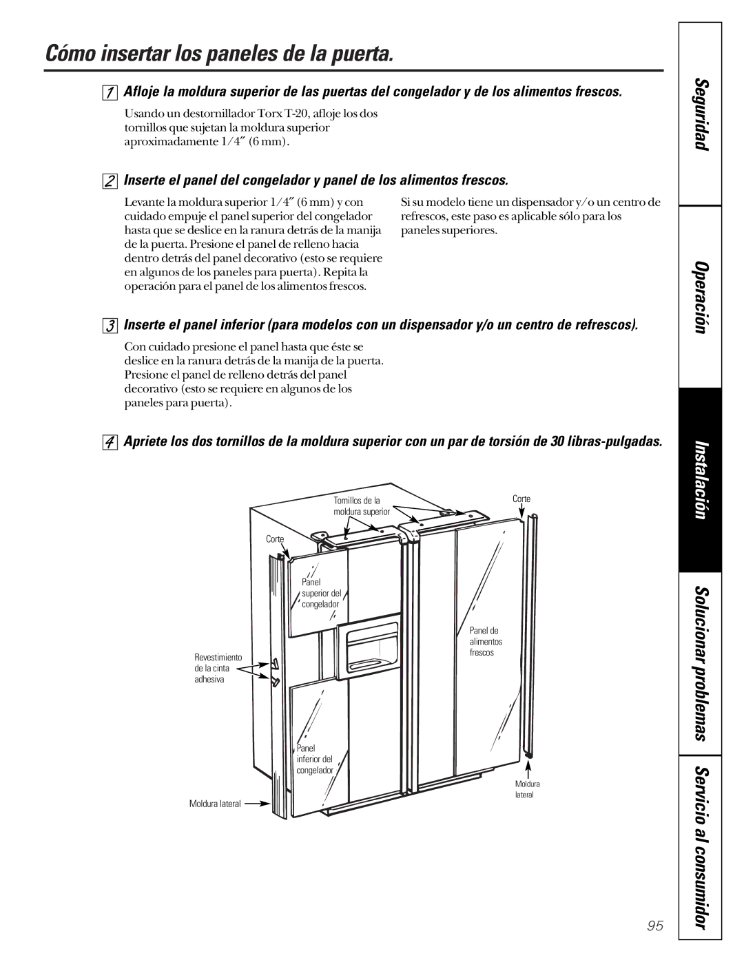 GE 24 CustomStyle, 49-60021-2 Cómo insertar los paneles de la puerta, Problemas, Tornillos de la, Moldura superior Corte 