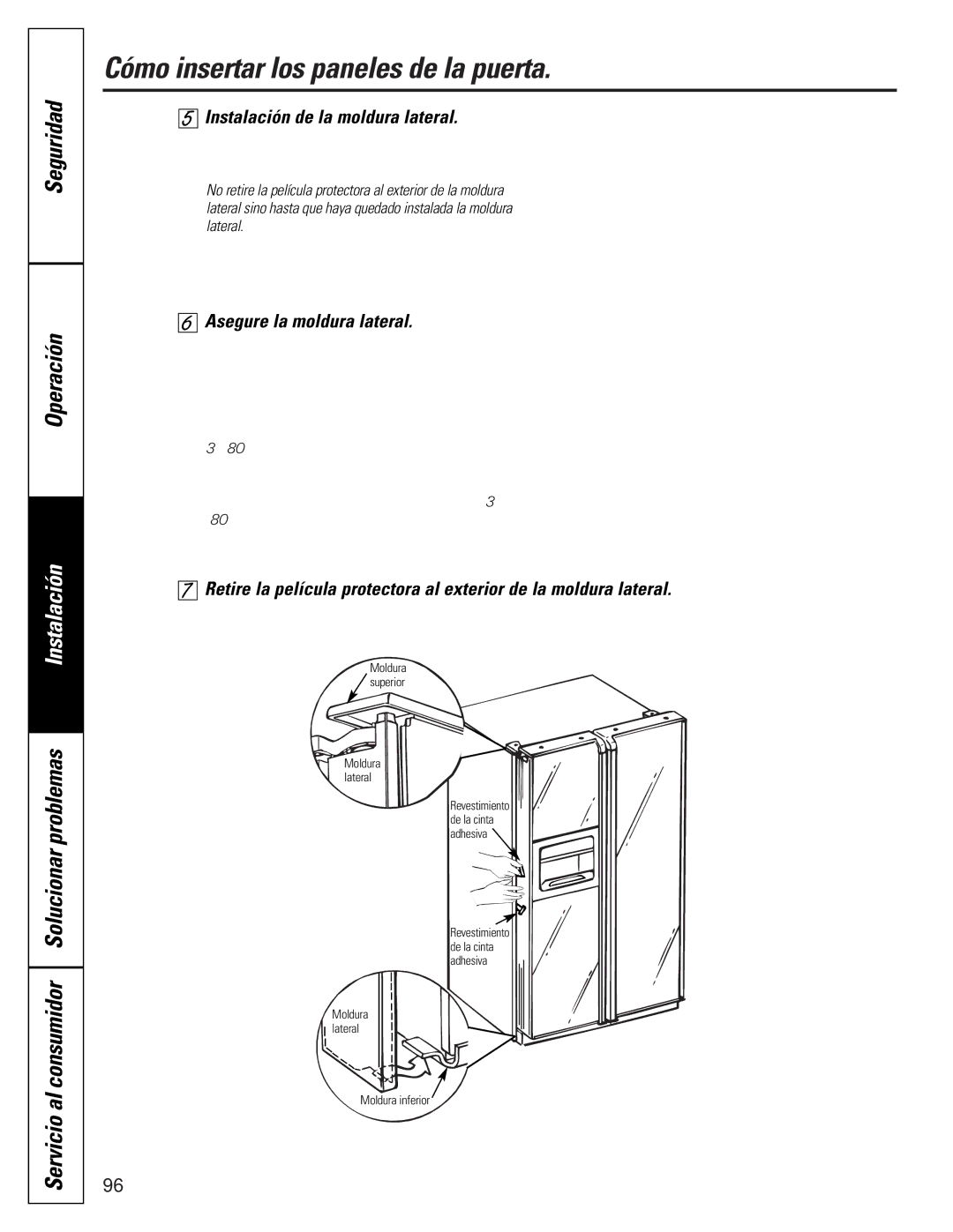 GE 49-60021-2 Instalación de la moldura lateral, Asegure la moldura lateral, Moldura Superior, Moldura inferior 