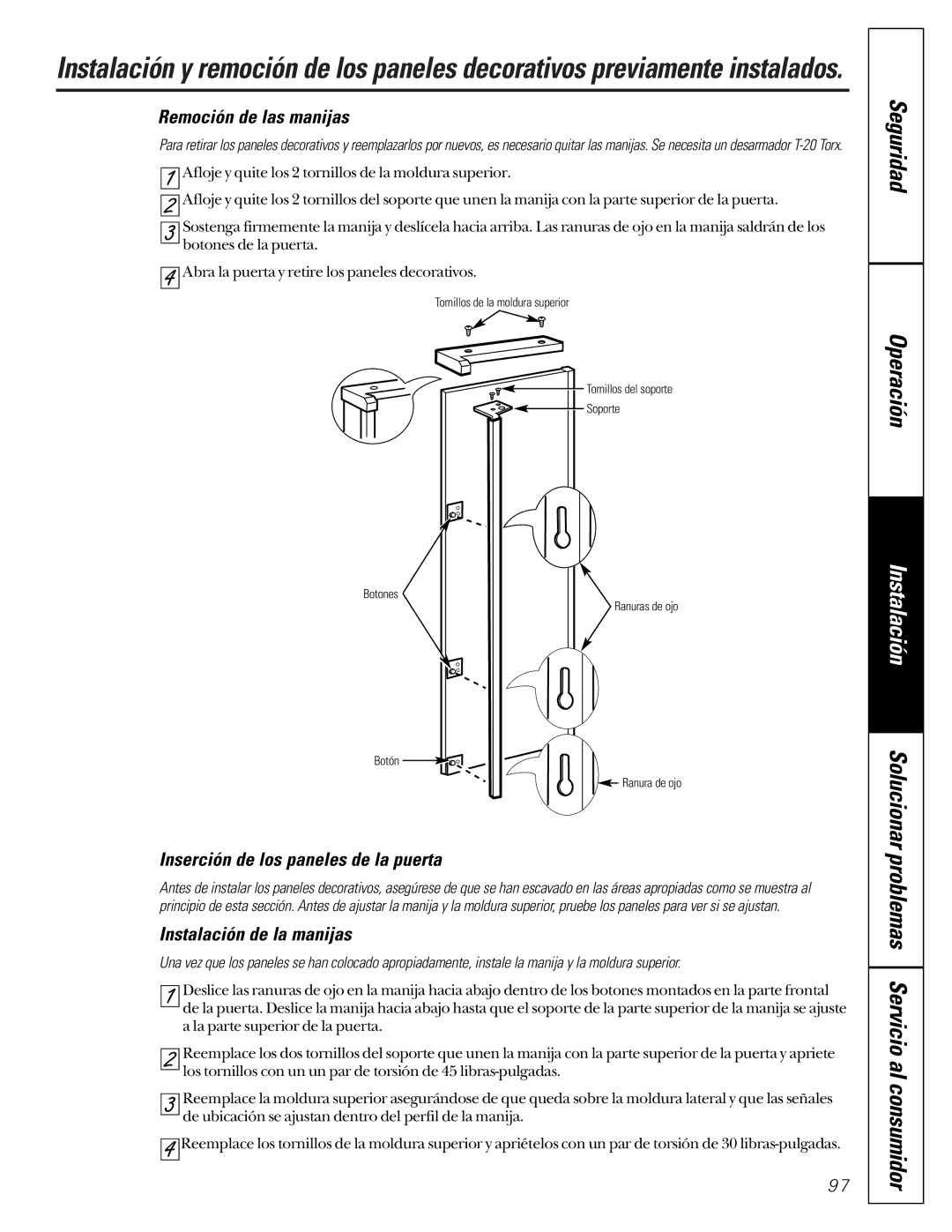 GE 162D9617P008, 49-60021-2 Remoción de las manijas, Inserción de los paneles de la puerta, Instalación de la manijas 