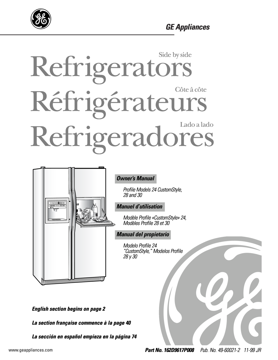 GE 162D9617P008 owner manual GE Appliances, Manuel d’utilisation, Manual del propietario, English section begins on page 