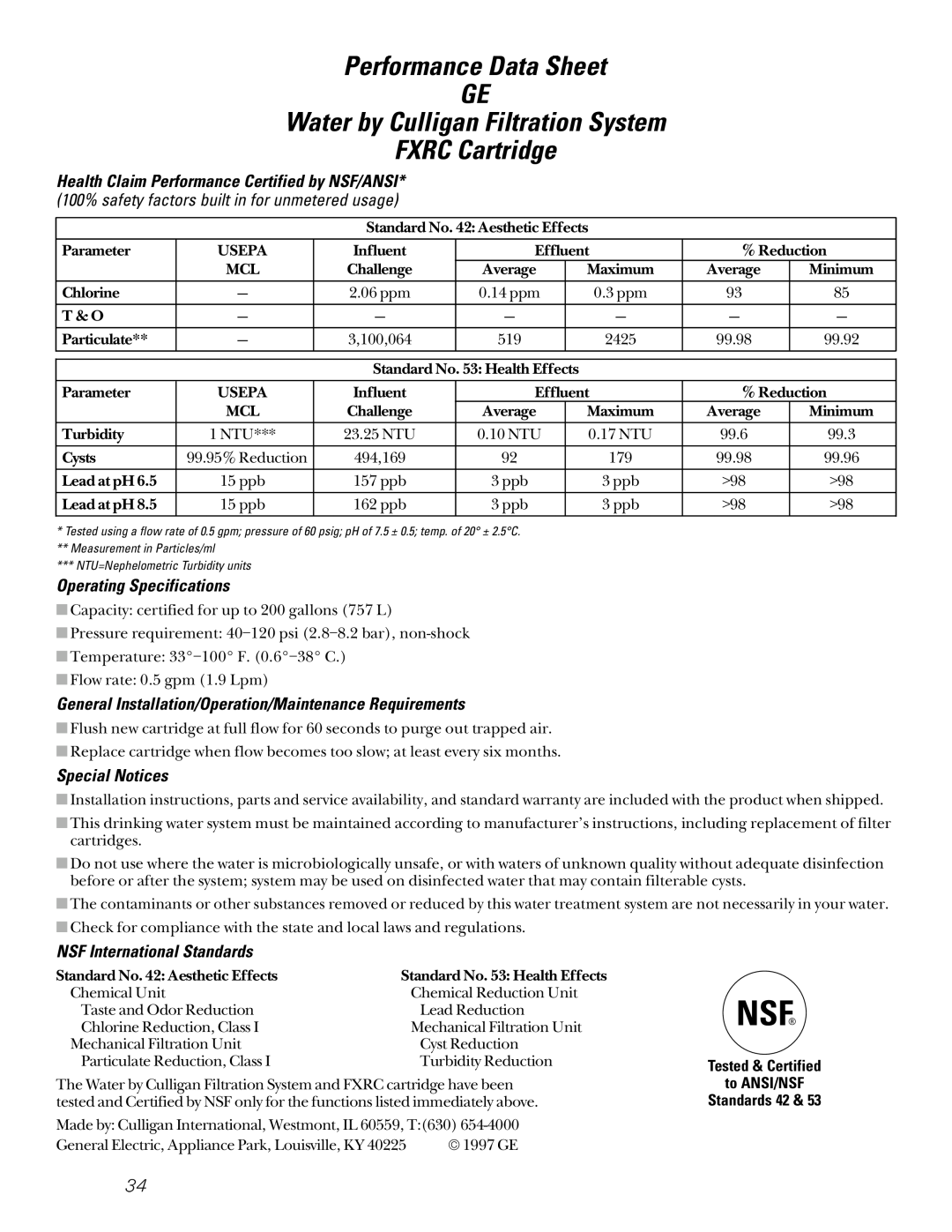 GE 162D9617P008 Performance Data Sheet GE, Water by Culligan Filtration System, FXRC Cartridge, Operating Specifications 