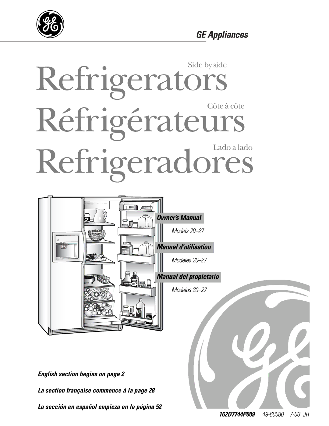 GE 162D7744P009, 49-60080 7-00 JR owner manual Manuel d’utilisation, Manual del propietario, Models 