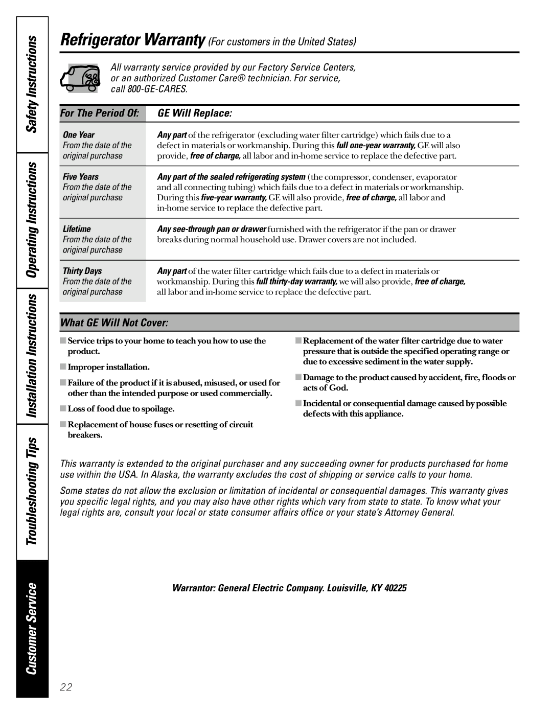 GE 49-60080 7-00 JR OperatingInstructions SafetyInstructions, Customer Service, GE Will Replace, What GE Will Not Cover 