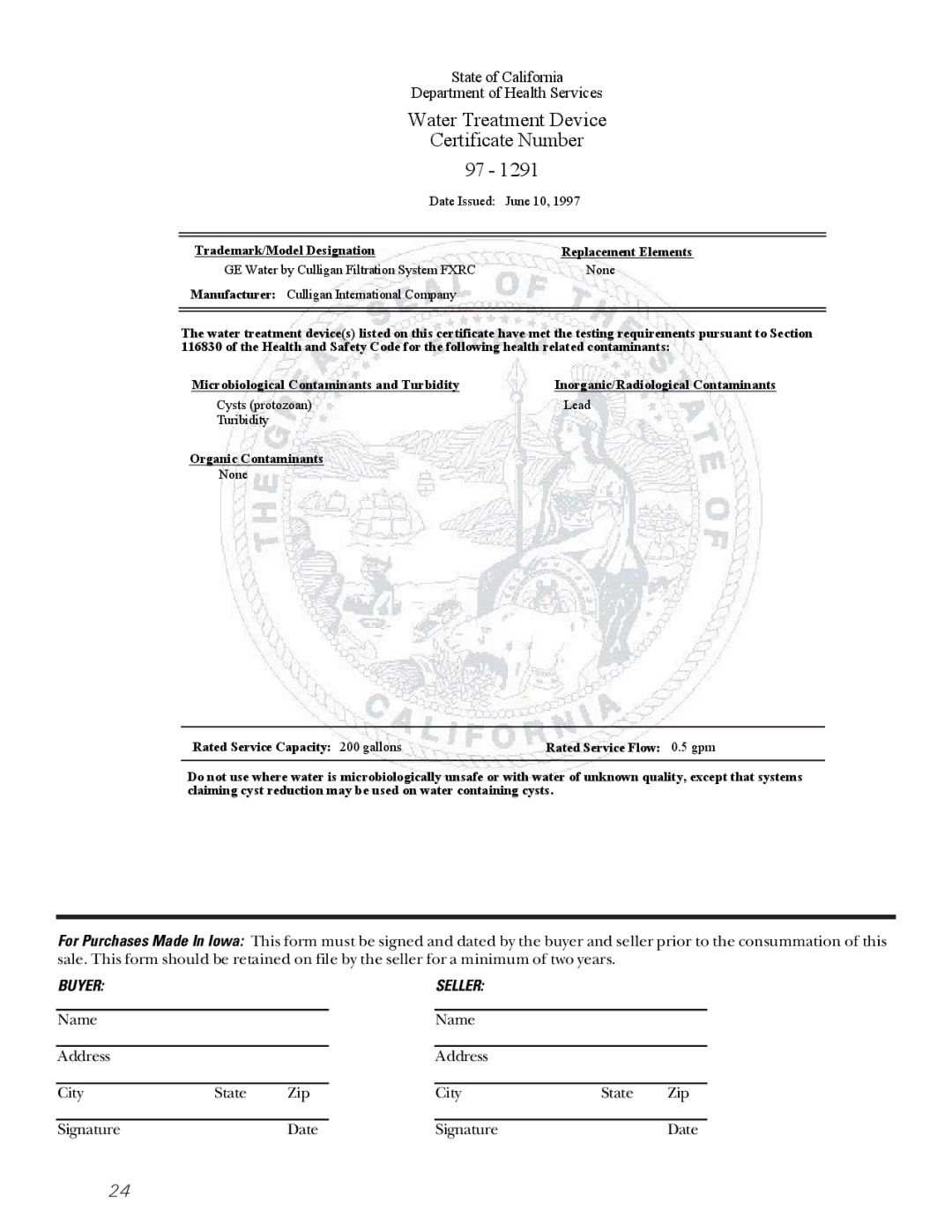 GE 49-60080 7-00 JR, 162D7744P009 owner manual Water Treatment Device 