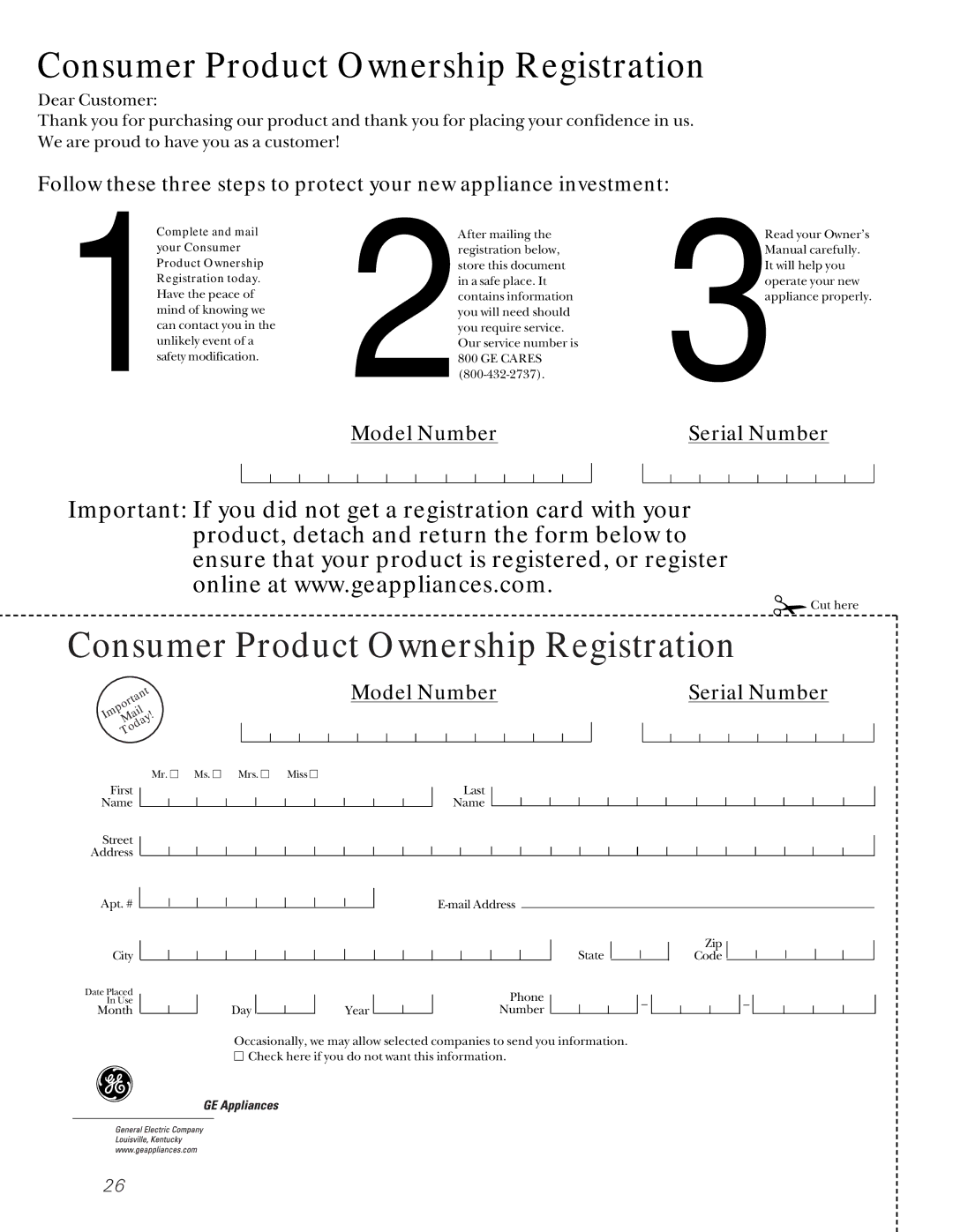 GE 49-60080 7-00 JR, 162D7744P009 owner manual Consumer Product Ownership Registration 