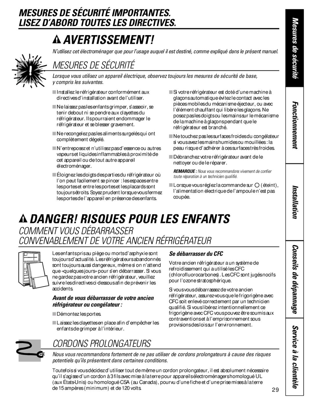 GE 162D7744P009, 49-60080 7-00 JR owner manual La clientèle, Conseils de dépannage Service, Se débarrasser du CFC 