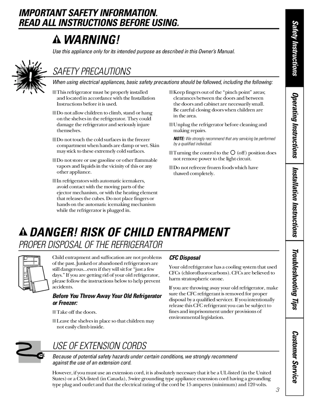 GE 162D7744P009 Safety Instructions, Troubleshooting Tips, Before You Throw Away Your Old Refrigerator or Freezer 