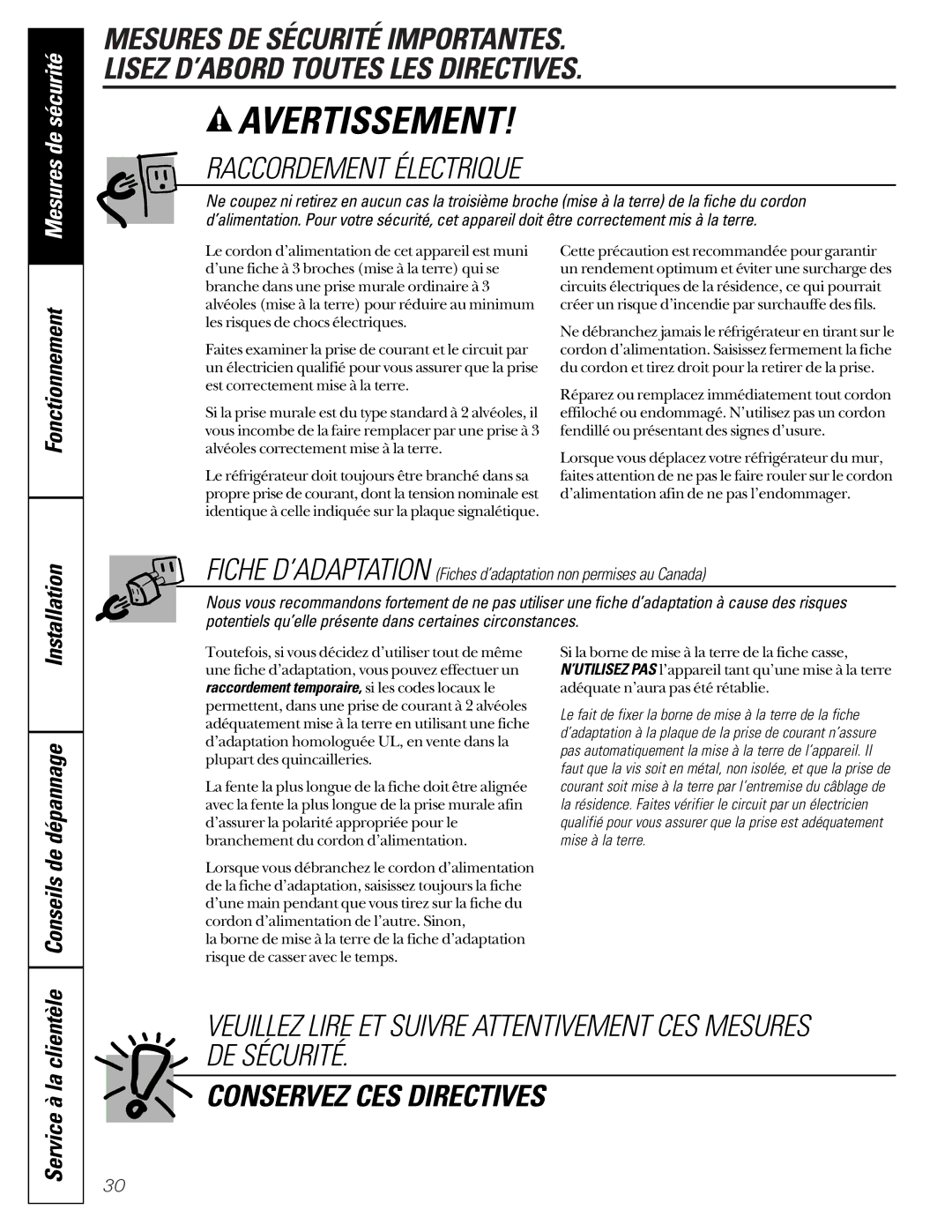 GE 49-60080 7-00 JR, 162D7744P009 owner manual Mesures de sécurité, Conseils de dépannage, Service à la clientèle 