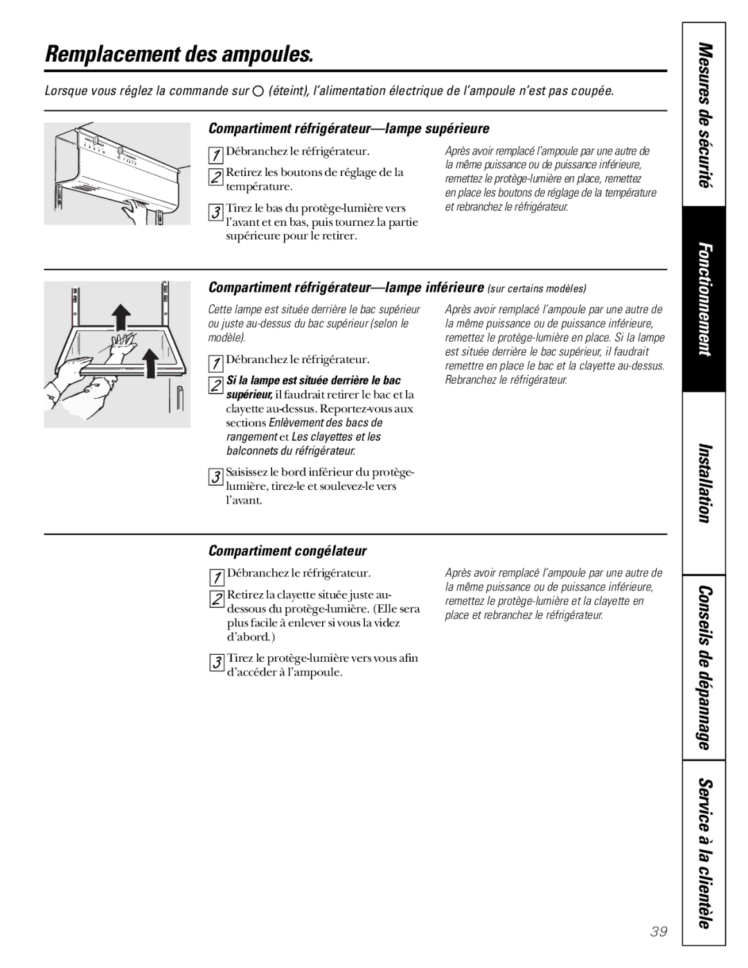 GE 162D7744P009, 49-60080 7-00 JR Remplacement des ampoules, Mesures de, Conseils de dépannage Service à la clientèle 