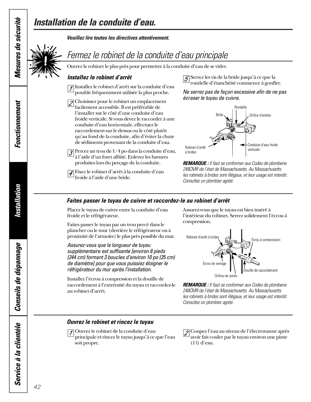 GE 49-60080 7-00 JR owner manual De dépannage, Conseils, Installez le robinet d’arrêt, Ouvrez le robinet et rincez le tuyau 