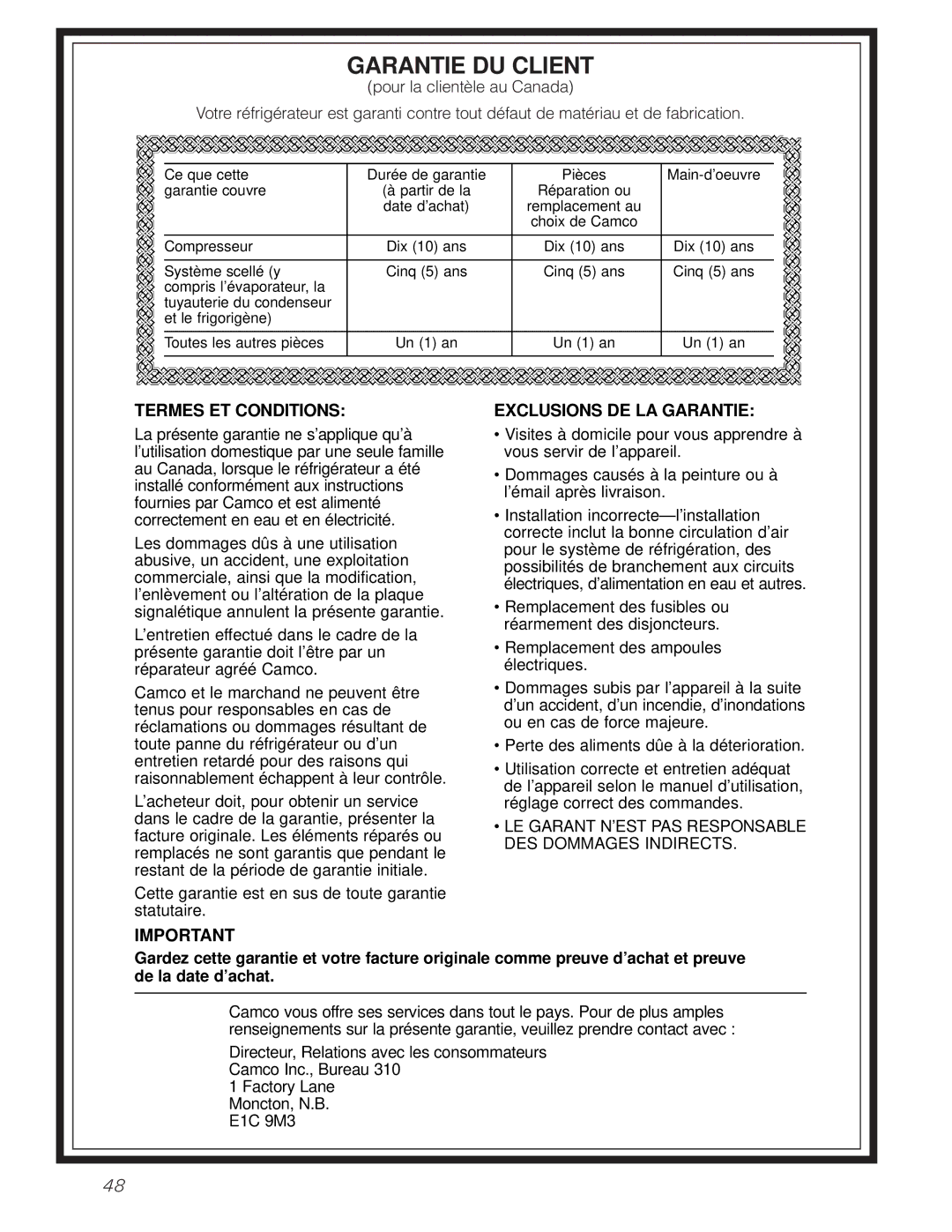 GE 49-60080 7-00 JR, 162D7744P009 owner manual Garantie DU Client 