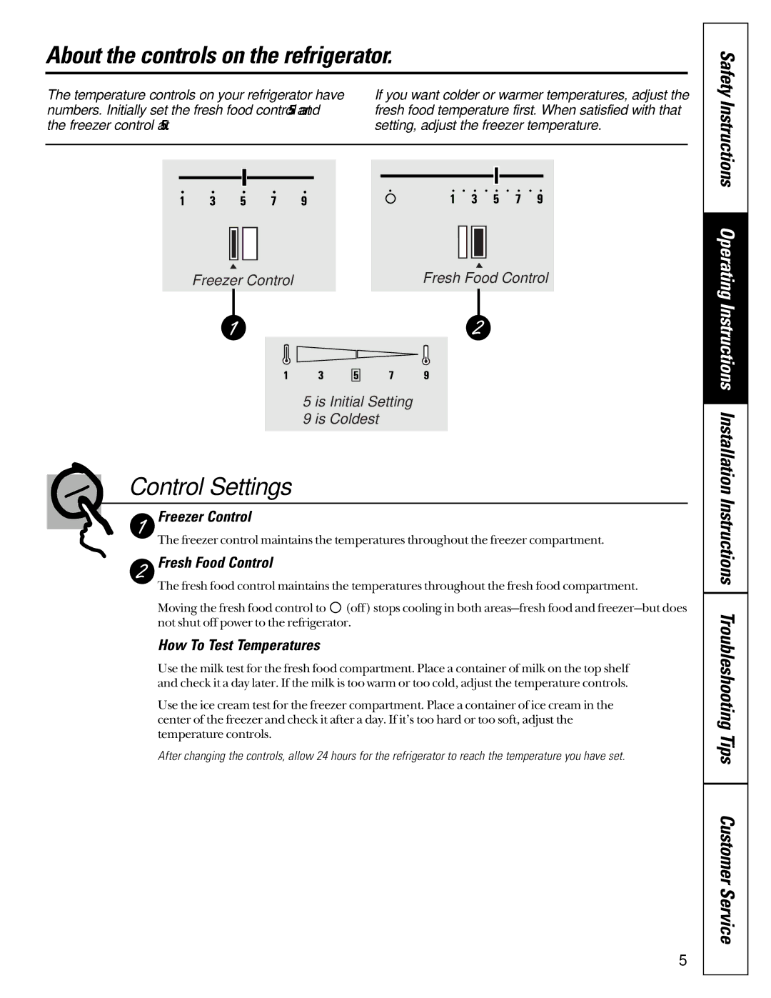 GE 162D7744P009 owner manual About the controls on the refrigerator, Control Settings, Freezer Control, Fresh Food Control 