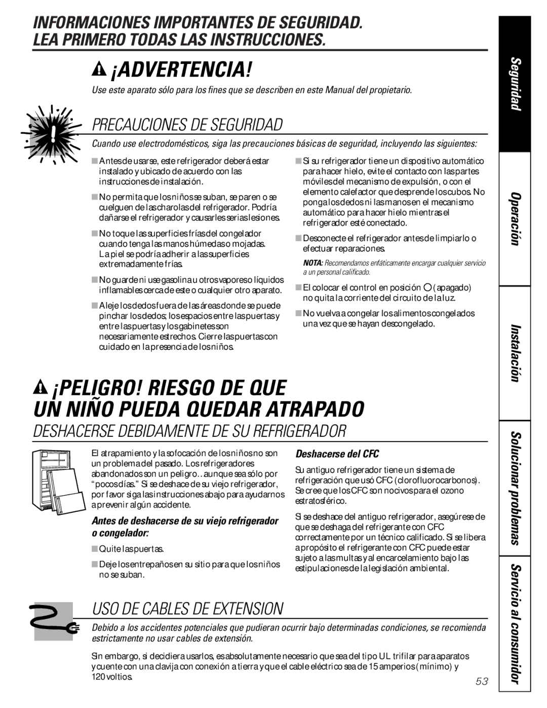 GE 162D7744P009 Seguridad, Al consumidor, Antes de deshacerse de su viejo refrigerador o congelador, Deshacerse del CFC 