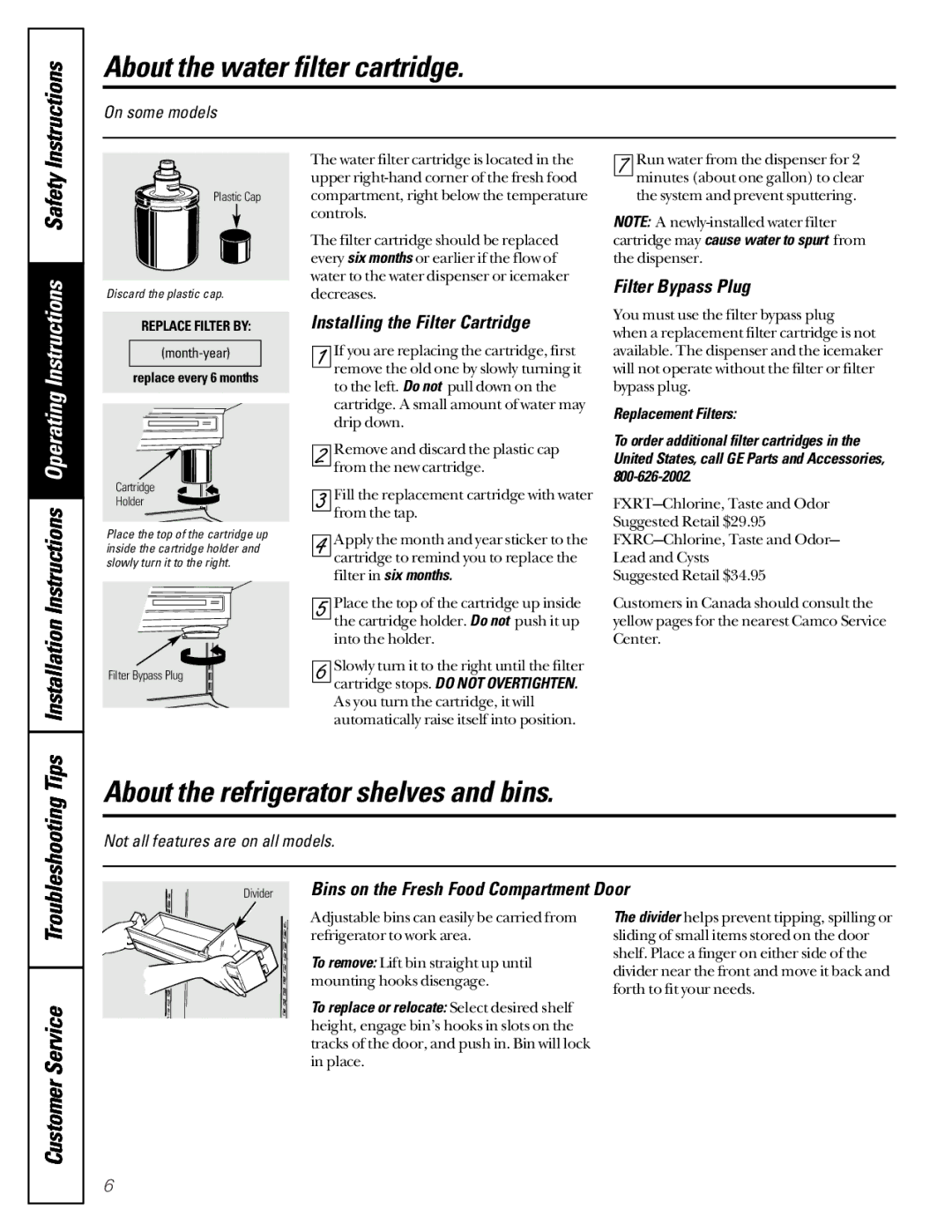 GE 49-60080 7-00 JR About the water filter cartridge, About the refrigerator shelves and bins, Filter Bypass Plug 