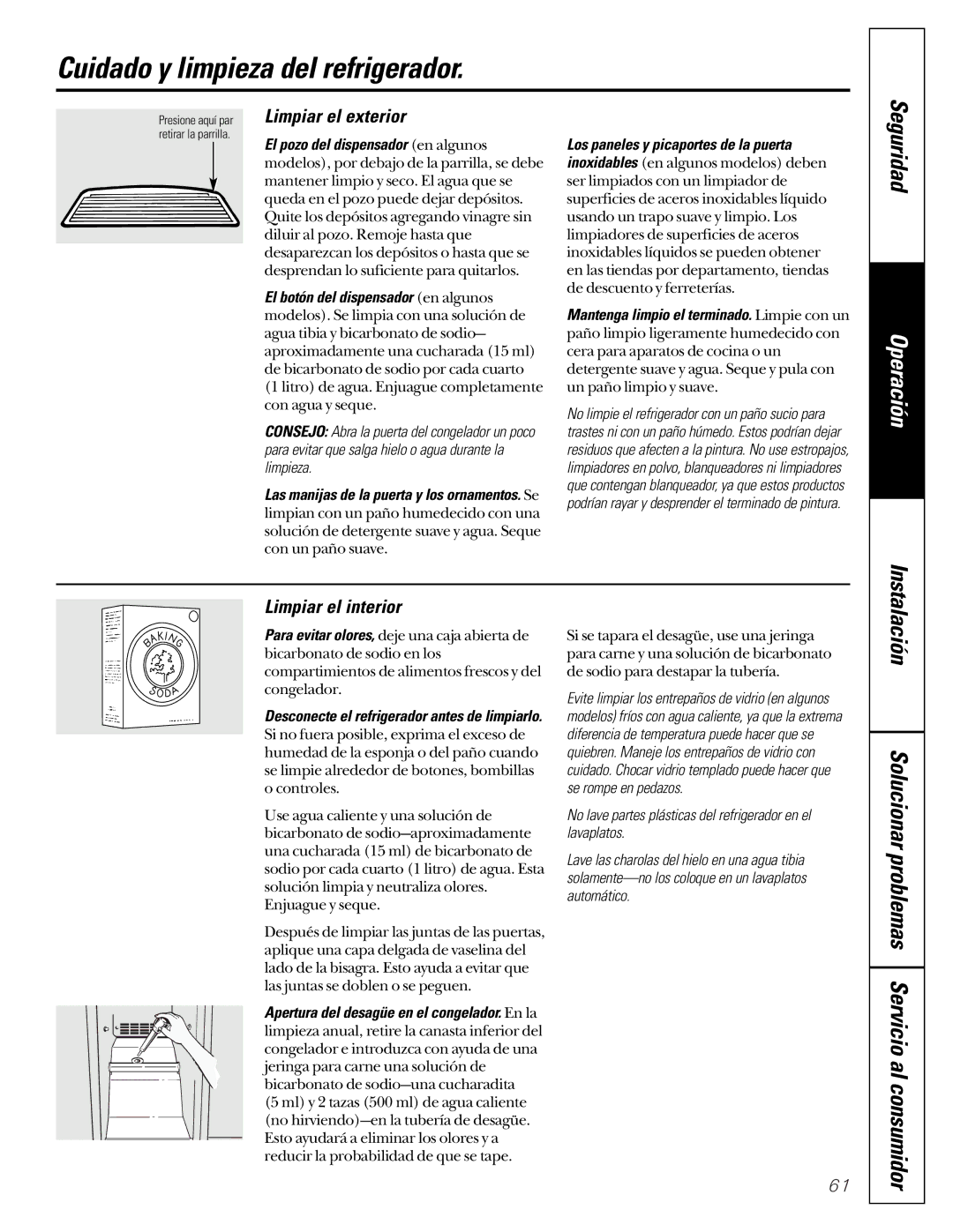 GE 162D7744P009, 49-60080 7-00 JR owner manual Cuidado y limpieza del refrigerador, Limpiar el exterior, Limpiar el interior 