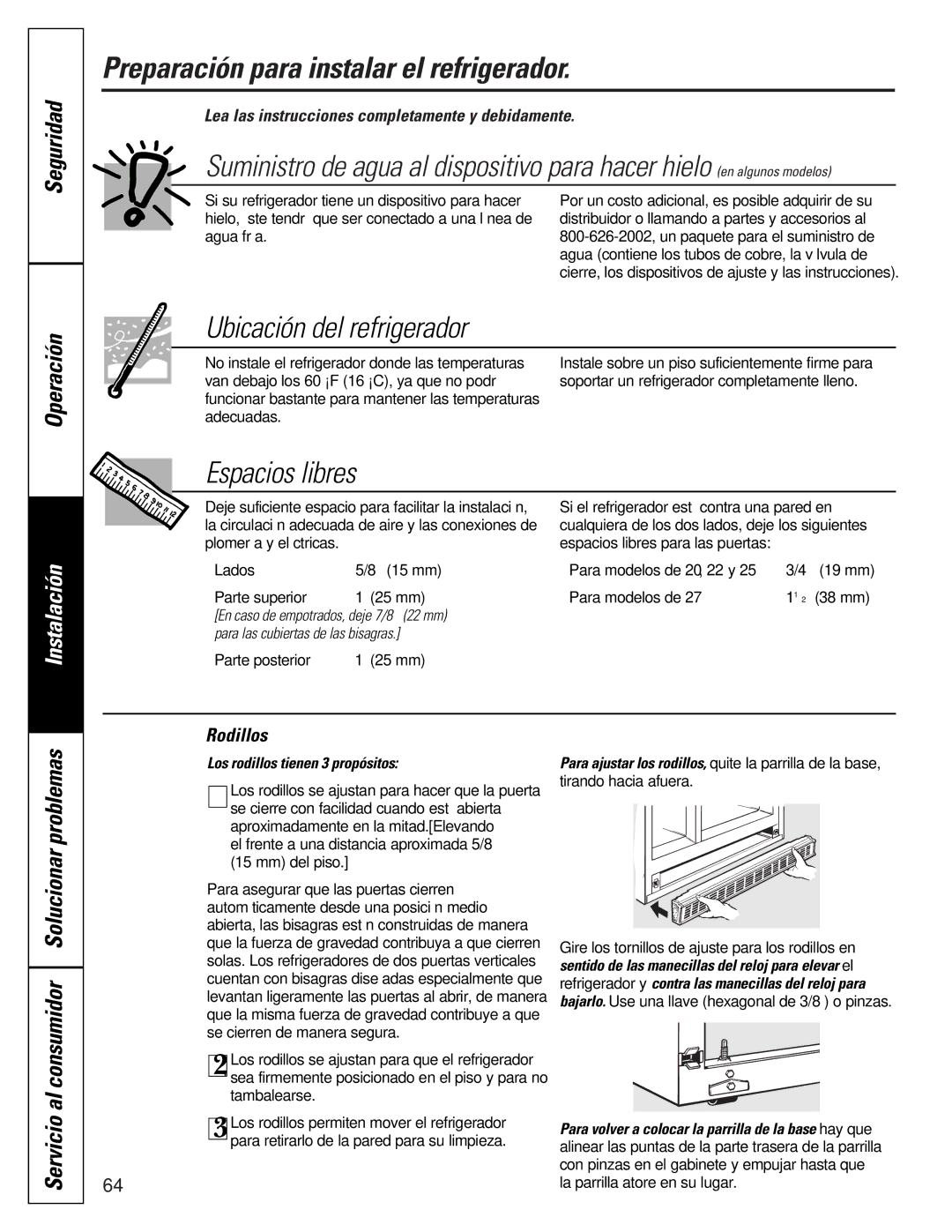 GE 49-60080 7-00 JR Preparación para instalar el refrigerador, Ubicación del refrigerador, Espacios libres, Instalación 