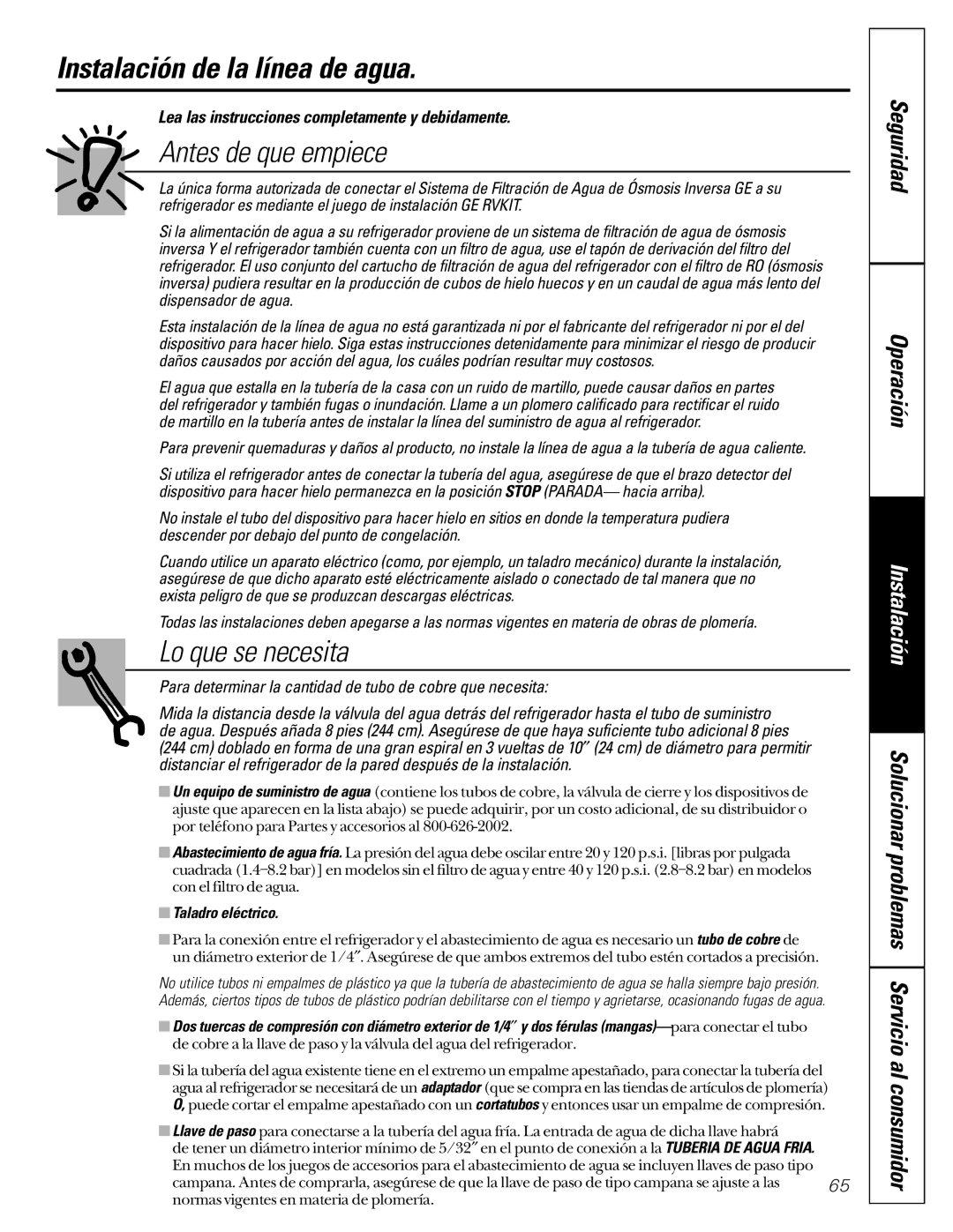 GE 162D7744P009 owner manual Instalación de la línea de agua, Antes de que empiece, Lo que se necesita, Seguridad Operación 