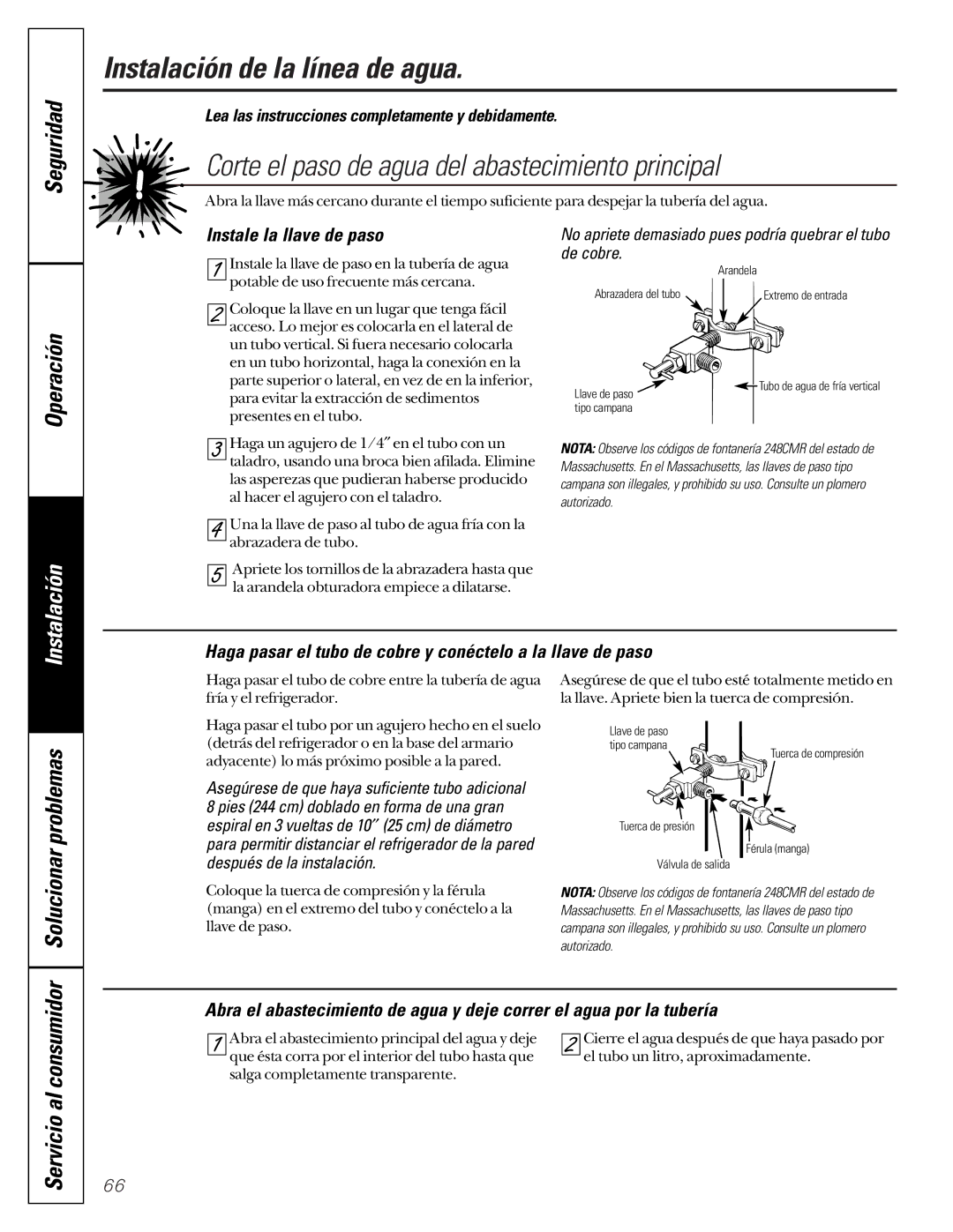 GE 49-60080 7-00 JR, 162D7744P009 owner manual Corte el paso de agua del abastecimiento principal, Instale la llave de paso 
