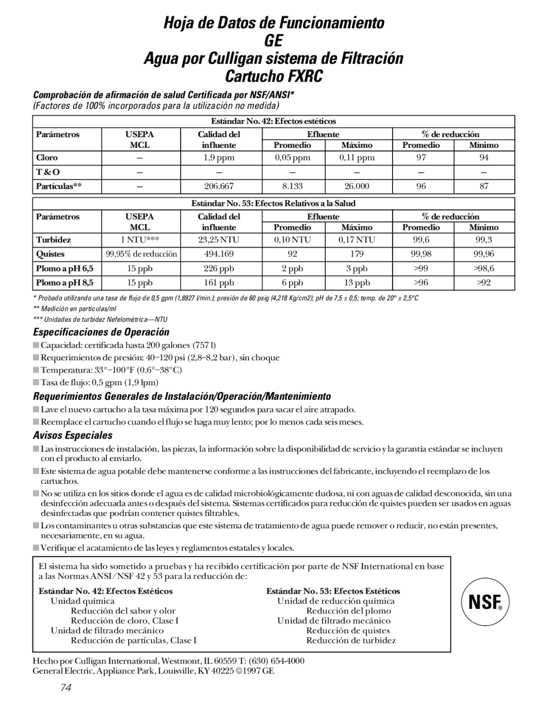 GE 49-60080 7-00 JR, 162D7744P009 owner manual Especificaciones de Operación, Avisos Especiales 