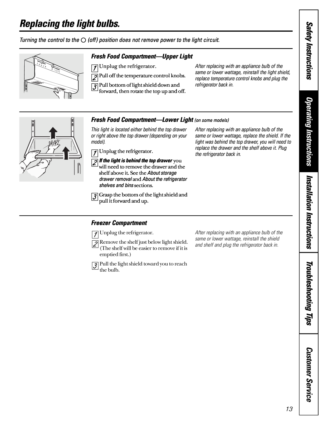 GE 162D7744P009 owner manual Replacing the light bulbs, 1 2 3, Instructions Installation, Safety Instructions Operating 