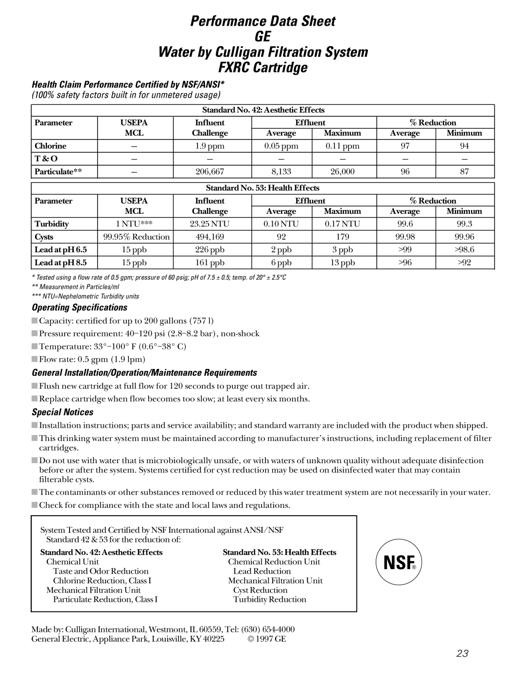 GE 162D7744P009 Performance Data Sheet GE, Water by Culligan Filtration System, FXRC Cartridge, Operating Specifications 