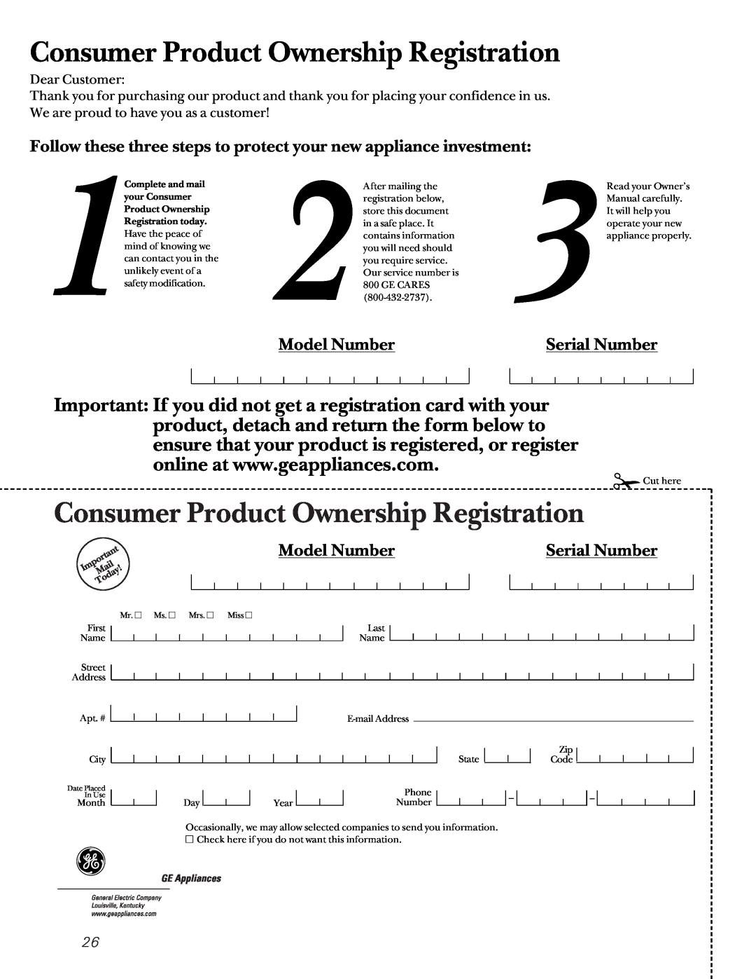 GE 49-60080 7-00 JR, 162D7744P009 Model Number, Serial Number, Dear Customer, Consumer Product Ownership Registration 