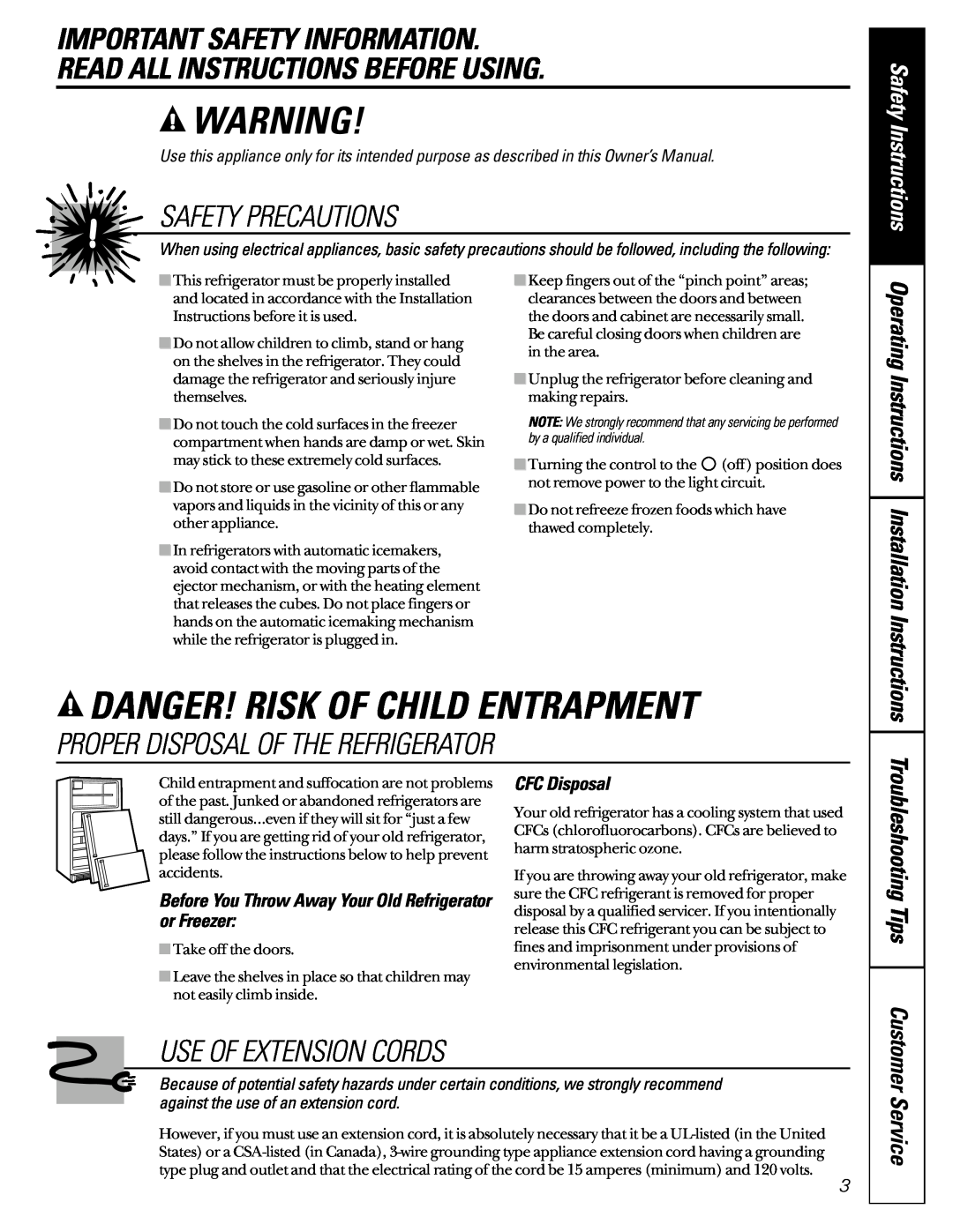GE 162D7744P009 Danger! Risk Of Child Entrapment, Important Safety Information, Read All Instructions Before Using 
