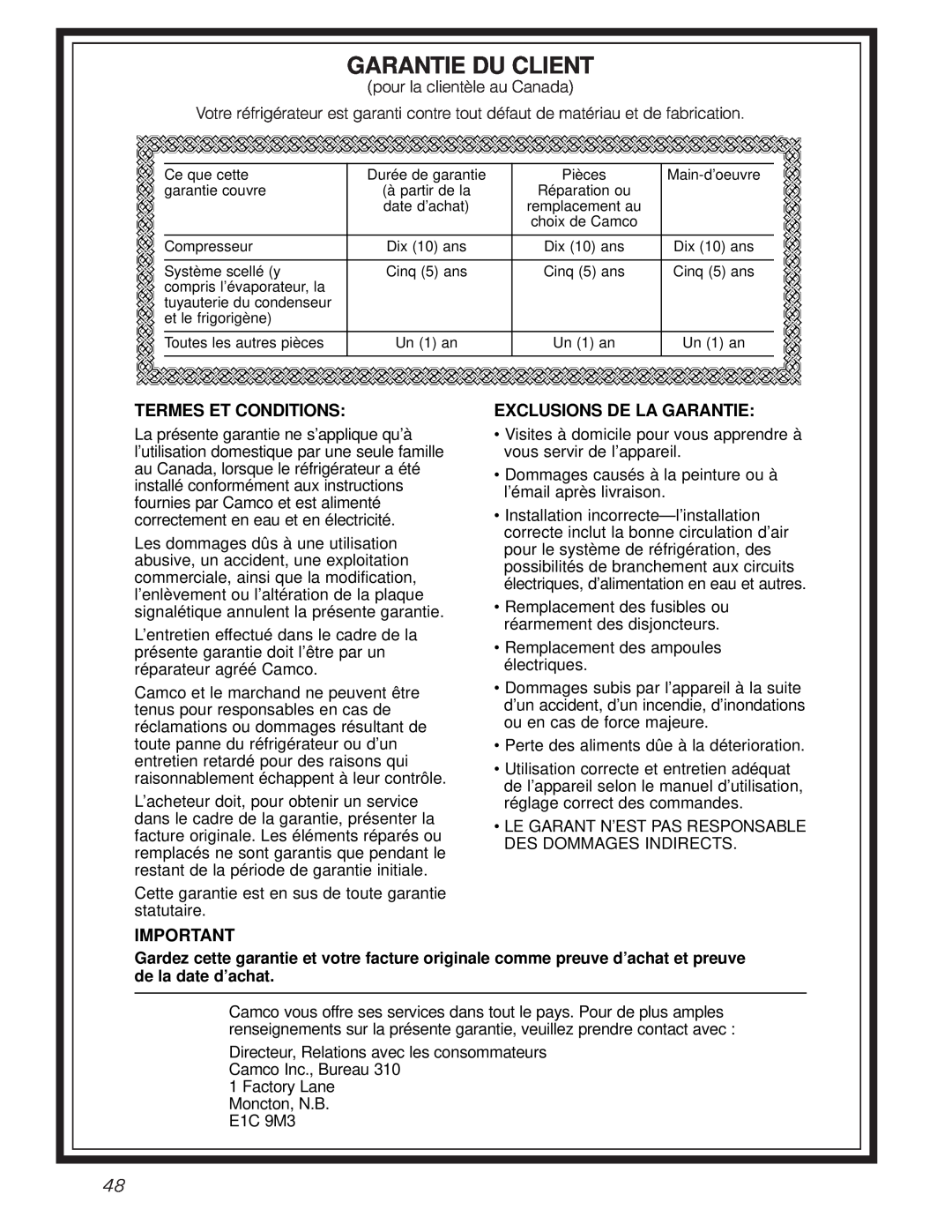 GE 49-60080 7-00 JR, 162D7744P009 owner manual Garantie Du Client, Termes Et Conditions, Exclusions De La Garantie 
