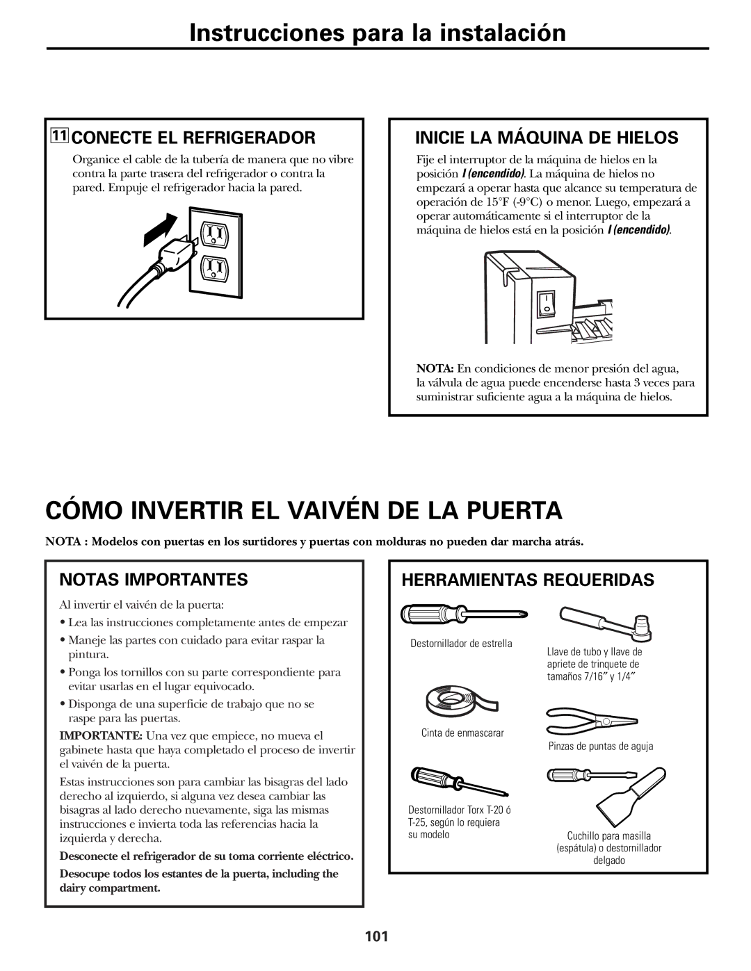 GE 162D9625P005, 49-60111 Cómo Invertir EL Vaivén DE LA Puerta, Conecte EL Refrigerador, Inicie LA Máquina DE Hielos 