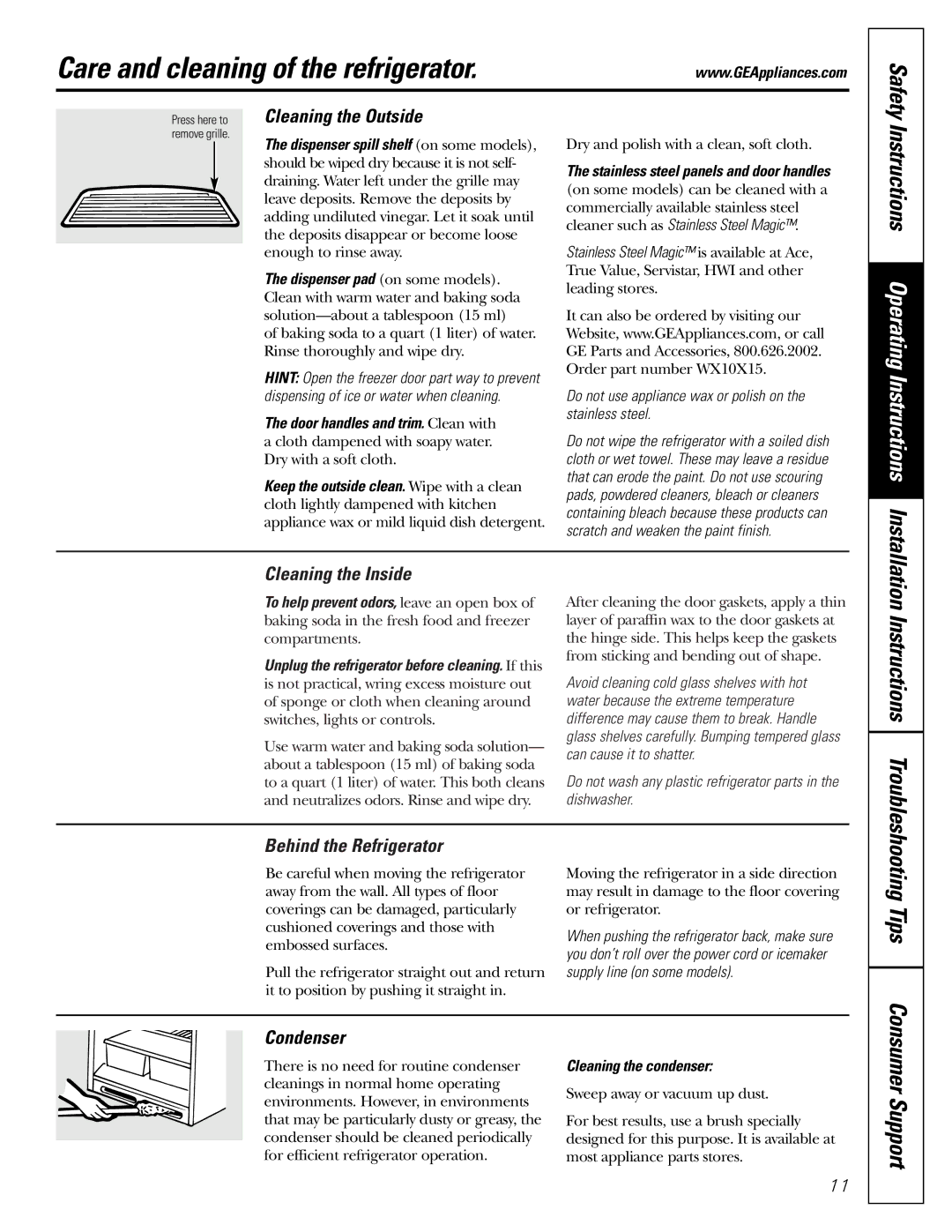 GE 162D9625P005, 49-60111 installation instructions Care and cleaning of the refrigerator, Tips 