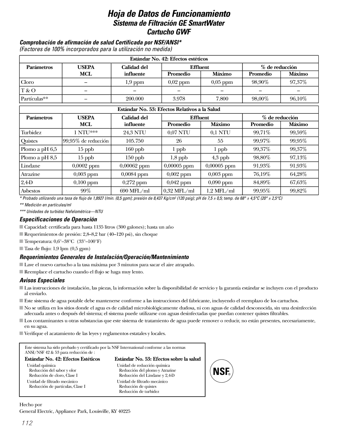 GE 49-60111, 162D9625P005 installation instructions Especificaciones de Operación, Avisos Especiales 