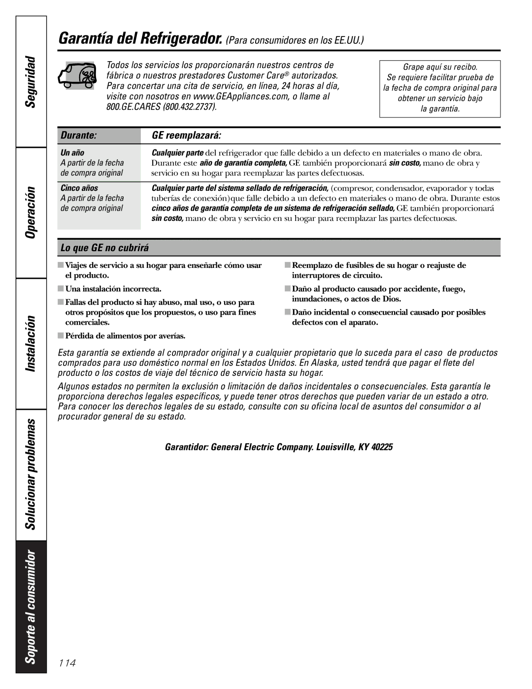 GE 49-60111 Durante GE reemplazará, Lo que GE no cubrirá, Garantidor General Electric Company. Louisville, KY, Un año 