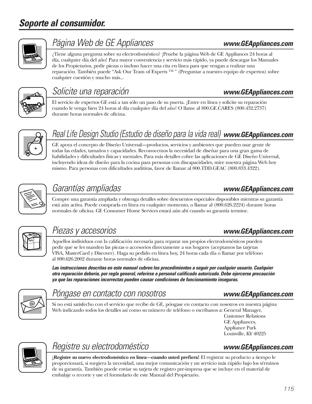 GE 162D9625P005, 49-60111 Soporte al consumidor Página Web de GE Appliances, Solicite una reparación, Garantías ampliadas 