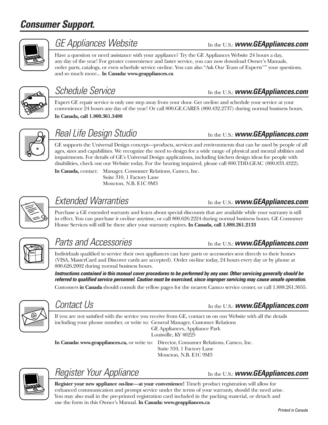 GE 49-60111, 162D9625P005 installation instructions Consumer Support, GE Appliances Website Schedule Service 