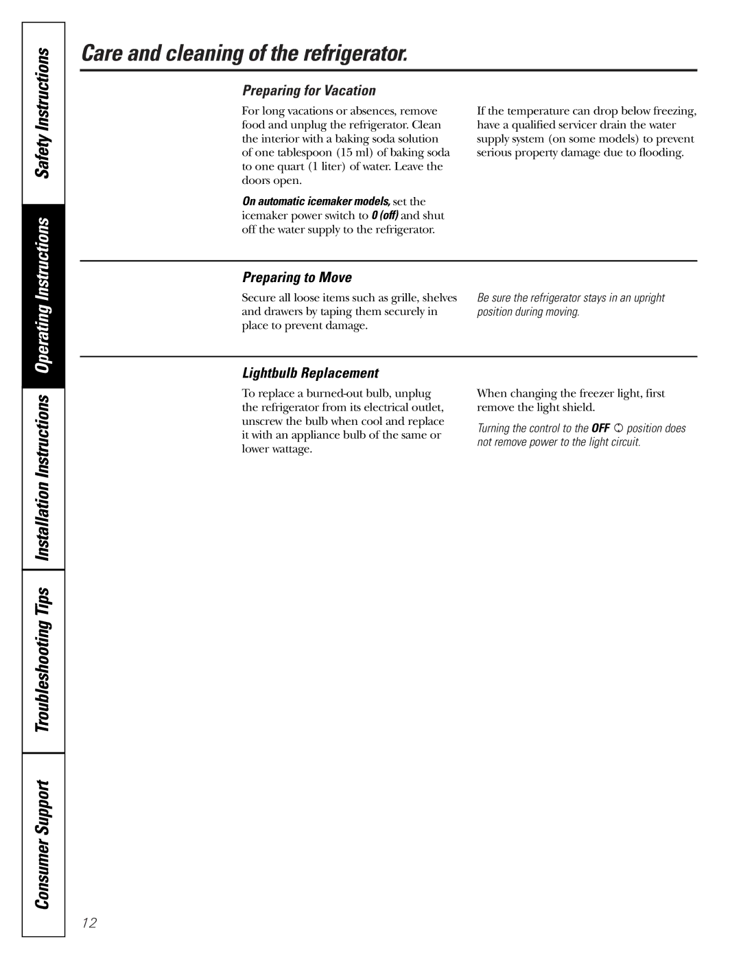 GE 49-60111, 162D9625P005 installation instructions Preparing for Vacation, Preparing to Move, Lightbulb Replacement 