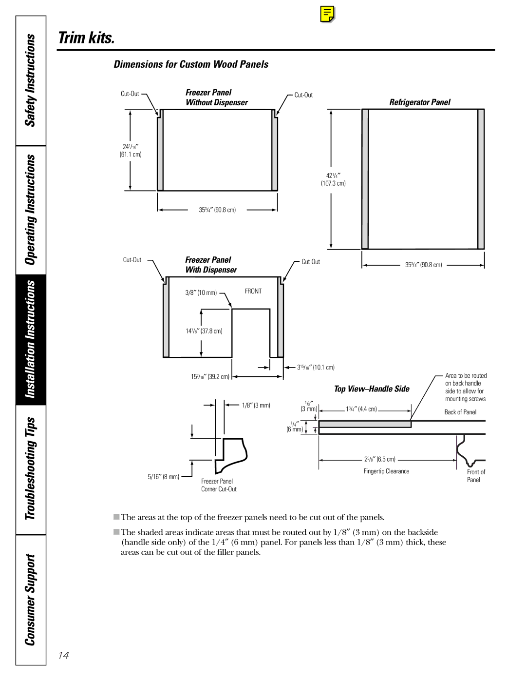 GE 49-60111, 162D9625P005 installation instructions Trim kits, Dimensions for Custom Wood Panels 