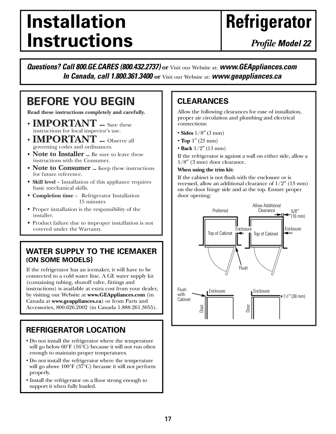 GE 162D9625P005, 49-60111 installation instructions Before YOU Begin, Refrigerator Location, Clearances 