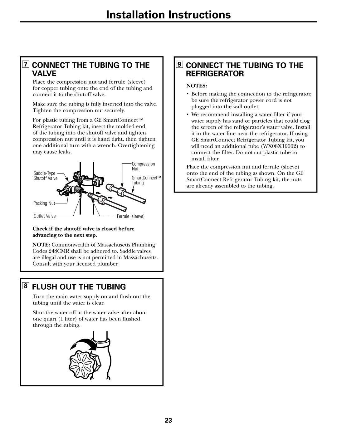 GE 162D9625P005, 49-60111 Connect the Tubing to Valve, Connect the Tubing to the Refrigerator, Flush OUT the Tubing 