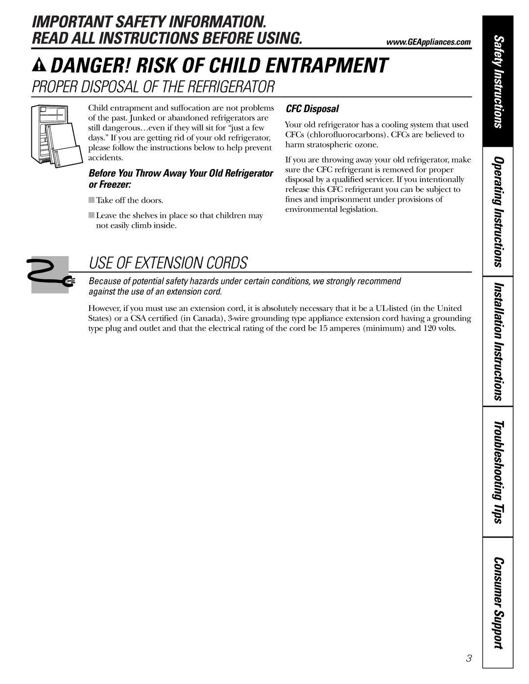 GE 162D9625P005, 49-60111 installation instructions Before You Throw Away Your Old Refrigerator or Freezer, CFC Disposal 