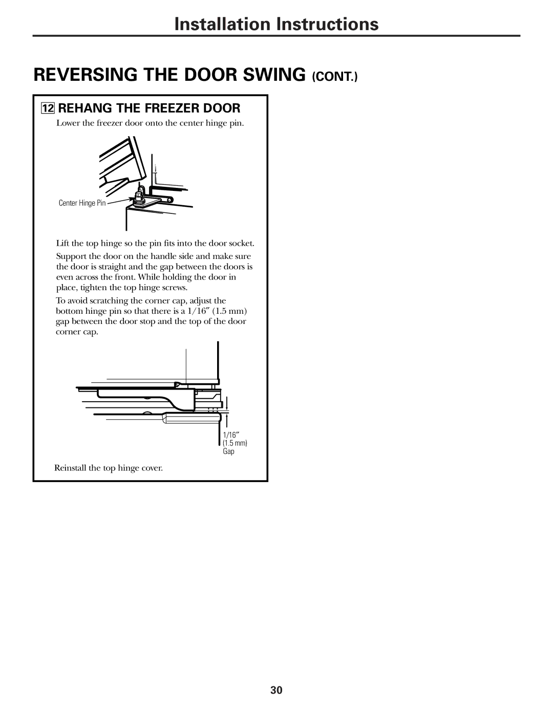 GE 49-60111, 162D9625P005 installation instructions Rehang the Freezer Door 