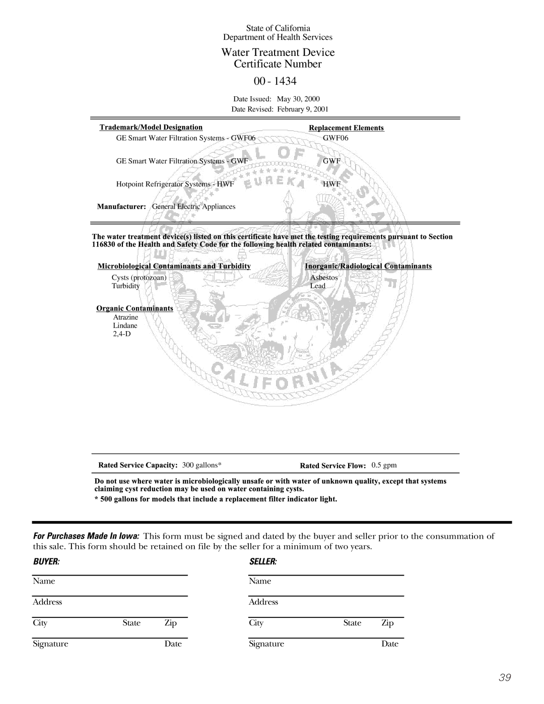 GE 162D9625P005, 49-60111 installation instructions Water Treatment Device Certificate Number 