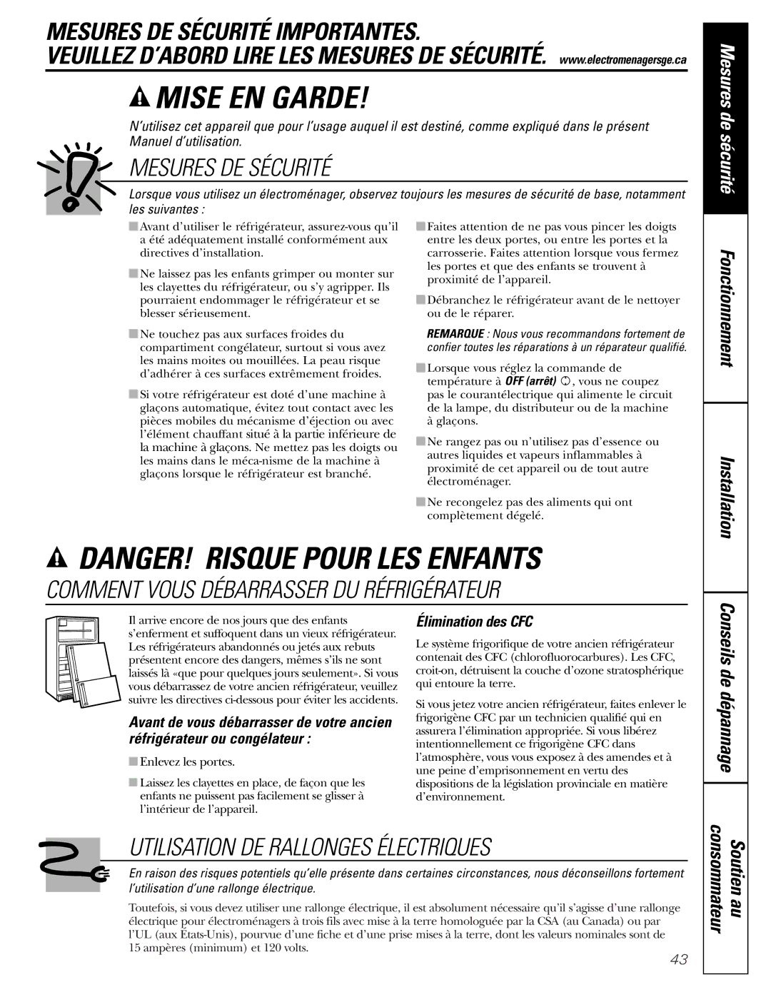 GE 162D9625P005, 49-60111 installation instructions Consommateur Soutien au, Élimination des CFC 