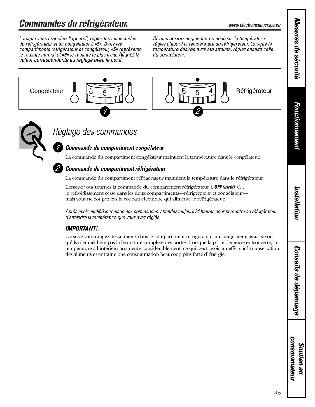 GE 162D9625P005, 49-60111 Commandes du réfrigérateur, Mesures de sécurité, Commande du compartiment congélateur 