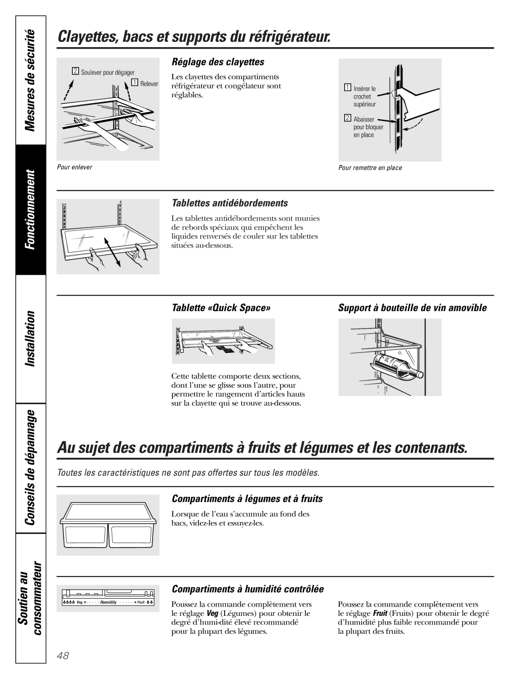 GE 49-60111 Réglage des clayettes, Tablettes antidébordements, Tablette «Quick Space», Compartiments à légumes et à fruits 