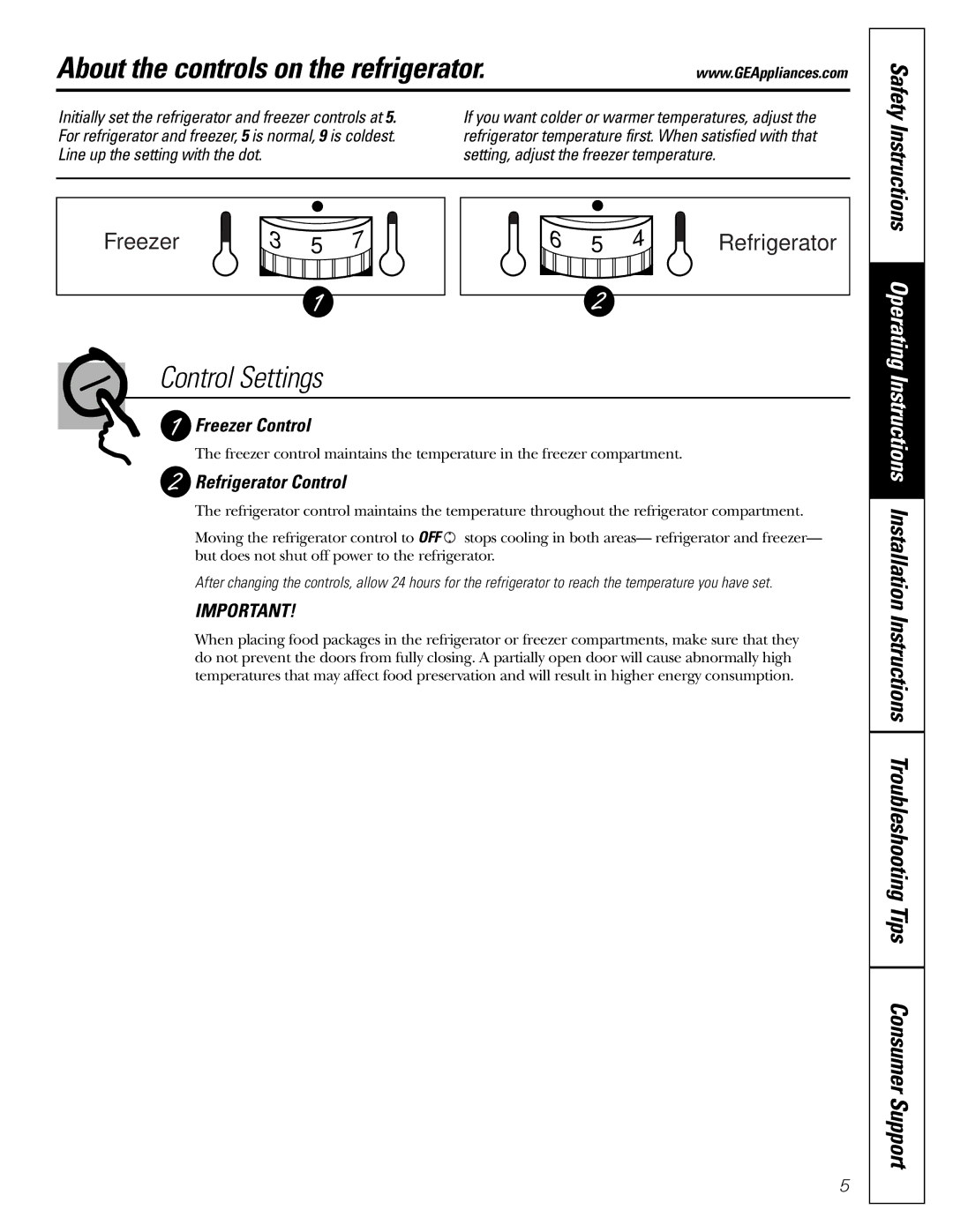 GE 162D9625P005, 49-60111 About the controls on the refrigerator, Freezer Control, Refrigerator Control 