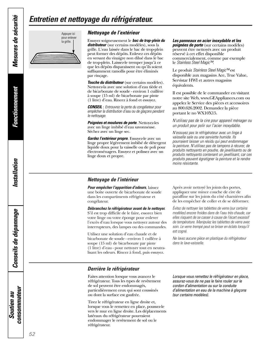 GE 49-60111, 162D9625P005 Entretien et nettoyage du réfrigérateur, Nettoyage de l’extérieur, Nettoyage de l’intérieur 