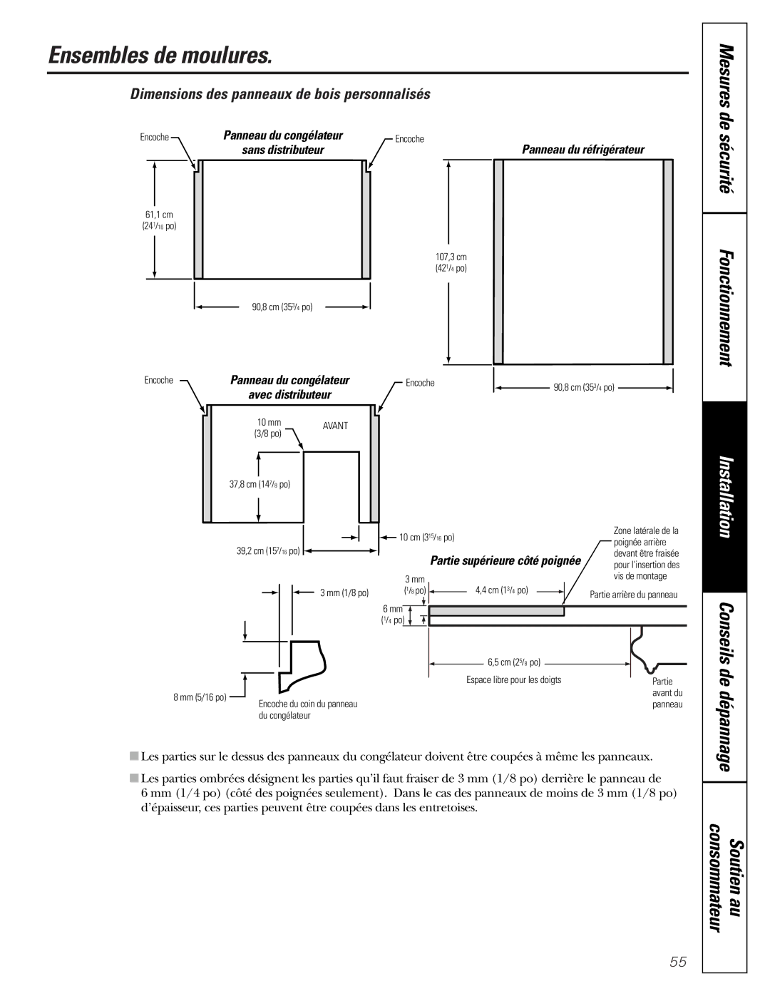 GE 162D9625P005, 49-60111 Ensembles de moulures, Dimensions des panneaux de bois personnalisés, Panneau du réfrigérateur 