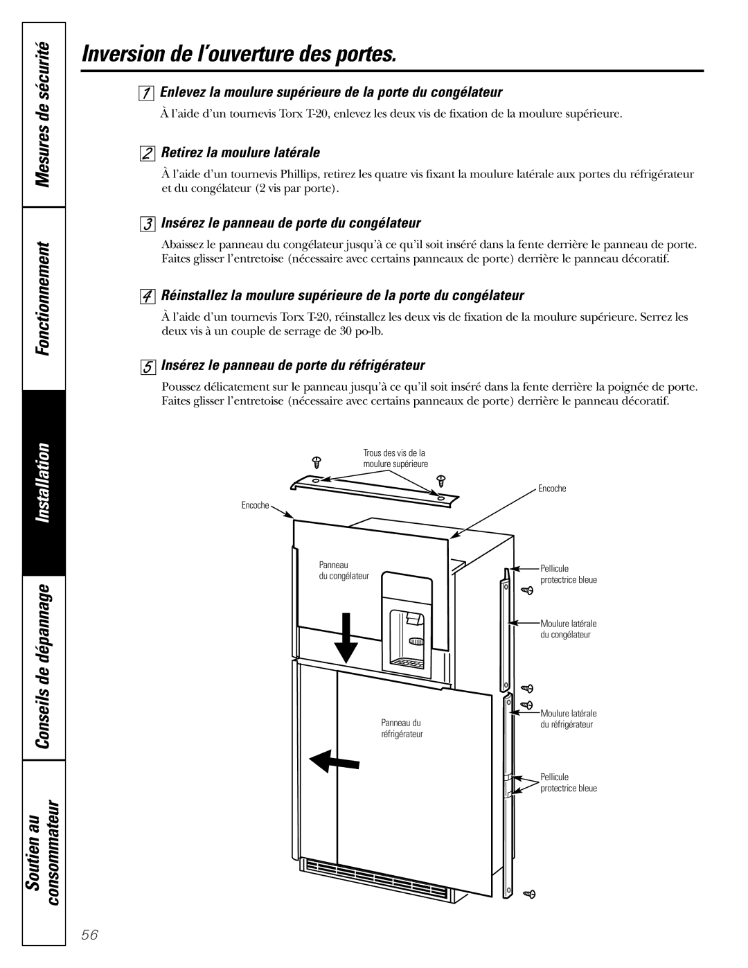 GE 49-60111, 162D9625P005 Inversion de l’ouverture des portes, Enlevez la moulure supérieure de la porte du congélateur 