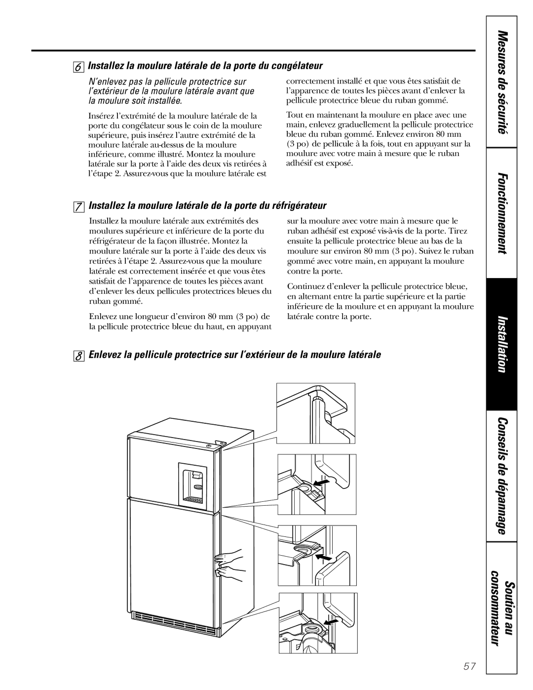 GE 162D9625P005, 49-60111 installation instructions Installez la moulure latérale de la porte du congélateur 