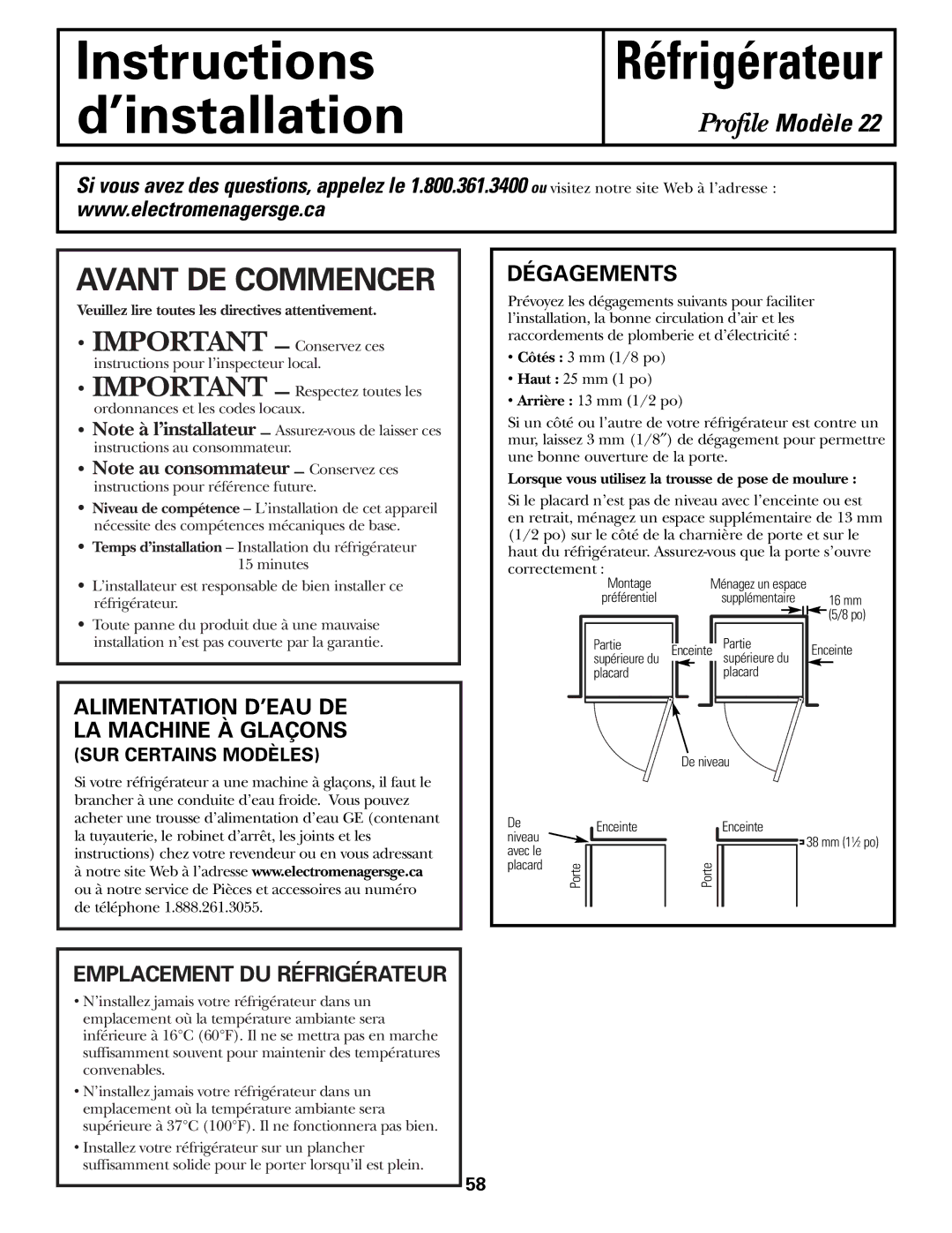 GE 49-60111 Avant DE Commencer, Alimentation D’EAU DE LA Machine À Glaçons, Dégagements, Emplacement DU Réfrigérateur 